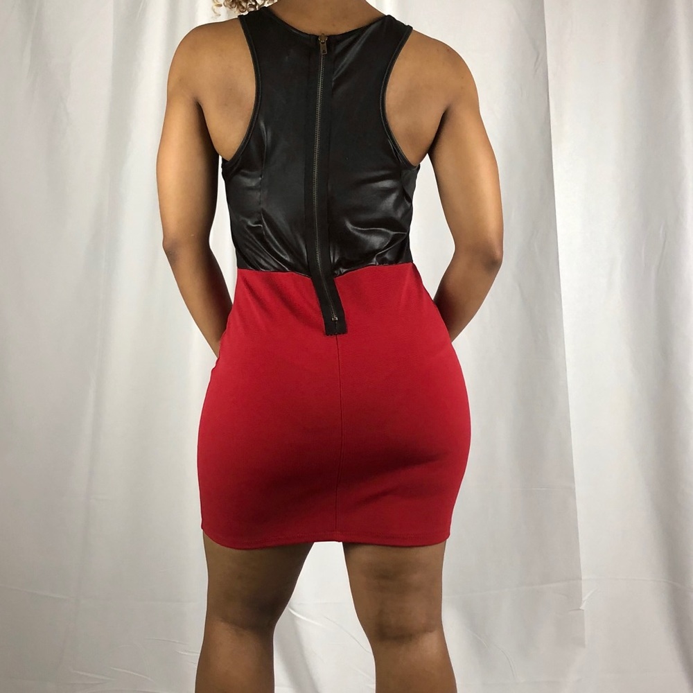 Color block faux leather dress.